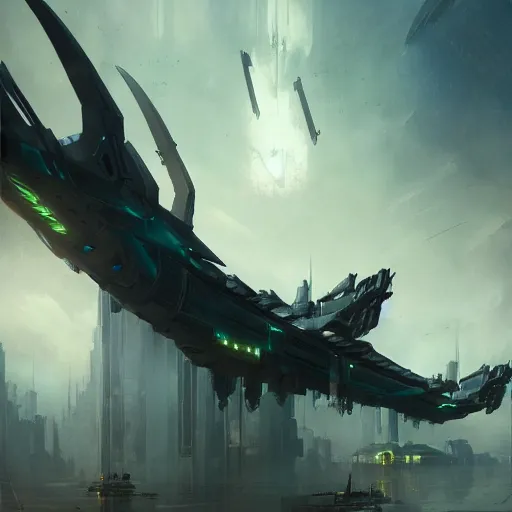 Prompt: A gigantic sci-fi cyberpunk flying destroyer, Magic the Gathering art, art by greg rutkowski, matte painting, trending on artstation, very detailed