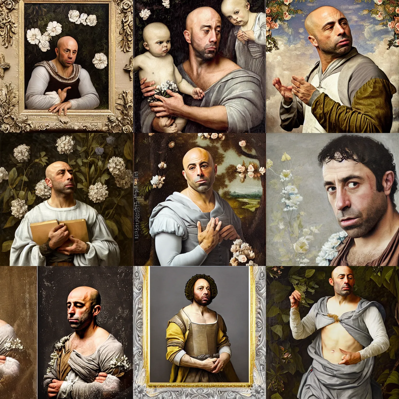 Prompt: portrait of Joe Rogan wearing renaissance dress pale grey and white flowers in the style of renaissance oil painting background renaissance paintings with gold