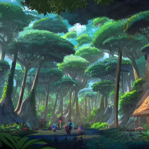 Image similar to stunning tree city in amazon forest by studio ghibli, artstation, environment design