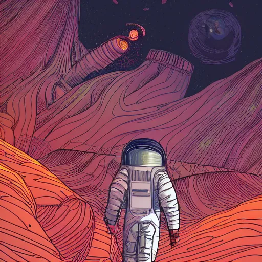 Prompt: !dream Stunningly intricate illustration of a scared astronaut explorer running trough a plain valley of planet Mars trough 3 columns of white neon light of infinite height, highly detailed, midnight, by Victo Ngai and James Gilleard , Moebius, Laurie Greasley