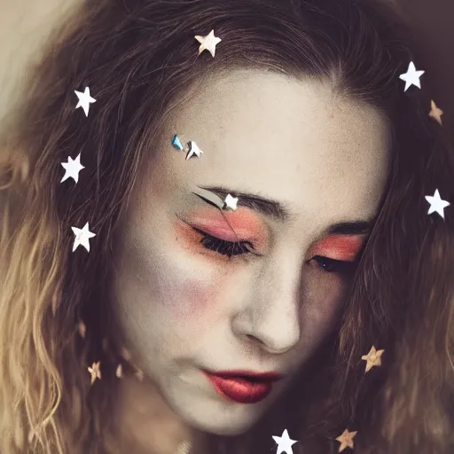 Prompt: portrait of a woman, star stickers on face, natural, light makeup, cinematic, cinematic, focus