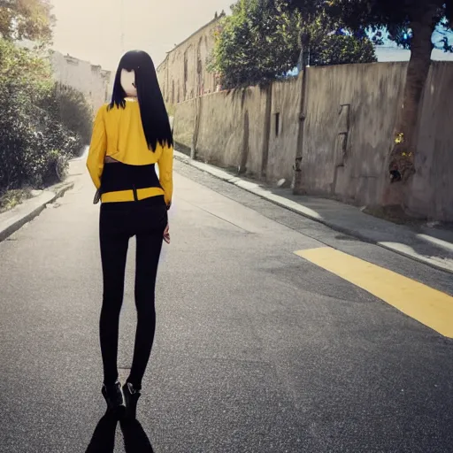 Image similar to 1 7 - year - old pale - skinned anime girl with black long bob cut, long bangs, black gothic jacket, black jeans, running through italian town, yellow sunshine, sepia sun, strong lighting, strong shadows, vivid hues, ultra - realistic, sharp details, subsurface scattering, intricate details, hd anime, 2 0 1 9 anime