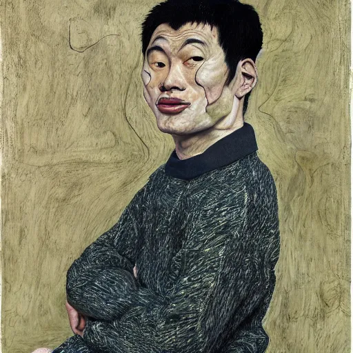 Image similar to detailed portrait of a modern, young confident asian american young man, by lucian freud, francis bacon, john chamberlain, willem de kooning, andreas franke, jean giraud, rob gonsalves, james gurney, james jean, ruan jia, gustav klimt