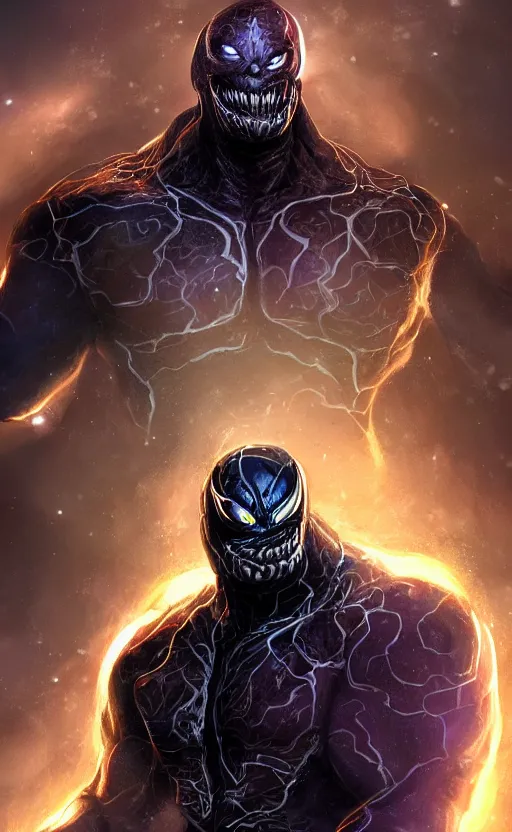 Prompt: full body portrait of venom as thanos, dynamic lighting, cinematic, ultra detailed, trending on art station, stunning visuals, creative, fantasy concept art