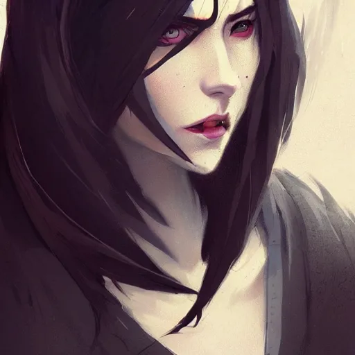 Image similar to female human vampire witch in the style of greg rutkowski, makoto shinkai, trending on artstation, character design, concept art, pretty face, highly detailed, long black hair, portrait, digital art