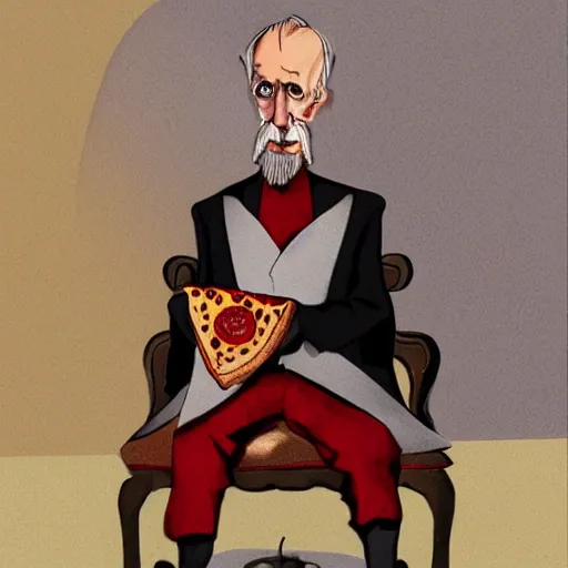 Prompt: A Grampa Dracula wearing shoes that look exactly like pizza slices next to an empty chair