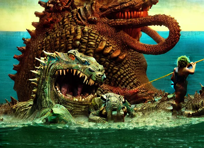 Image similar to photo of wet slimy godzilla attacking the raft of the medusa, by lawrance alma - tadema by roger corman by richard corben by rick baker, fujifilm velvia 5 0. masterpiece. intricate, hyper realism, high detail, octane render, unreal engine, 8 k, by katsuhiro otomo