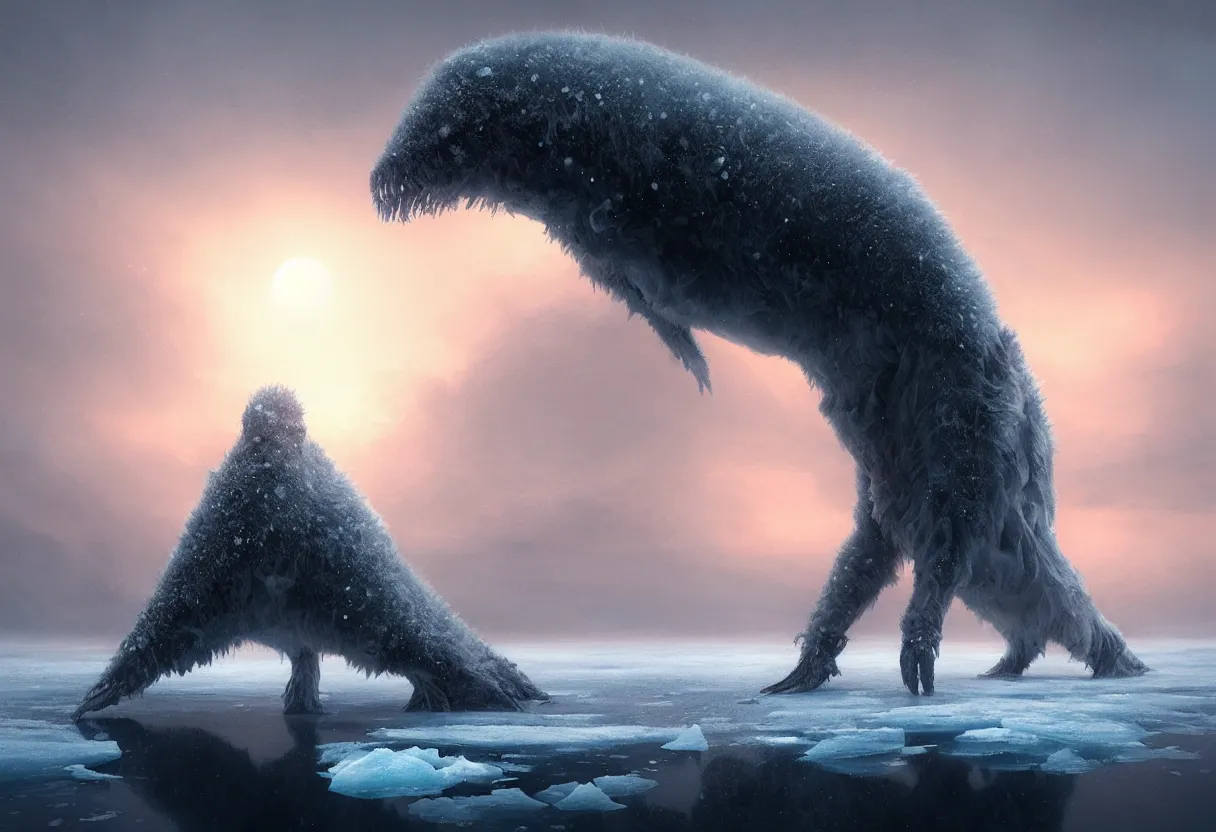 Image similar to strange sea animal emerging from surface of another frozen winter planet at sunset, ultra high definition, ultra detailed, symmetry, fog, matte painting, by greg rutkowski and ross tran and wlop