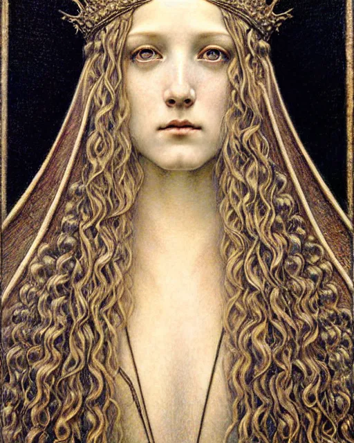 Image similar to detailed realistic beautiful young medieval queen face portrait by jean delville, gustave dore and marco mazzoni, art nouveau, symbolist, visionary, gothic, pre - raphaelite. horizontal symmetry