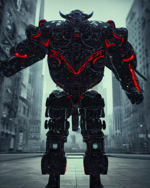 Image similar to a full body shot of an imposing cyborg ( bull ) modeled after a bull looking into the camera, android, cyborg, full body shot, red, intricate, 3 d, hyper realism, symmetrical, octane render, strong bokeh, fantasy, highly detailed, depth of field, digital art, artstation, concept art, cinematic lighting, trending