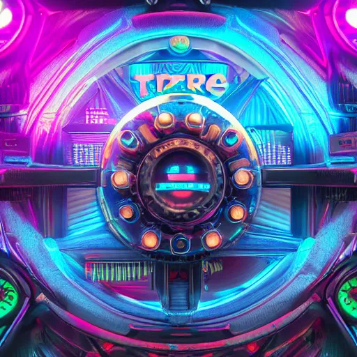 Image similar to album art, the album is called tripmachine, trance music, a huge steampunk mechanic machine with many loudspeakers and gears and tubes and wires, 8 k, fluorescent colors, halluzinogenic, multicolored, blue neon accents, exaggerated detailed, front shot, 3 d render, octane