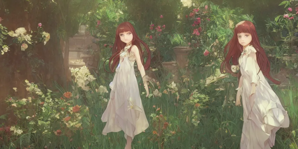 Image similar to a digital art of a loli with long hair in a dress in the privet garden at after noon, by krenz cushart and mucha and greg rutkowski and makoto shinkai, detailed eyes, 4 k resolution 、 trending on art station