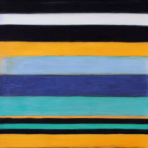 Prompt: In this mixed mediart, the artist has used a simple palette of colors to create a feeling of calm and serenity. The soft hues of blue and green are reminiscent of a cloudy sky, while the orange and yellow suggest the warm glow of the sun. The vertical stripes of color are divided by thin lines of black, which give the impression of deep space. The overall effect is one of peacefulness and balance. pale by Henry Justice Ford, by Mordecai Ardon natural