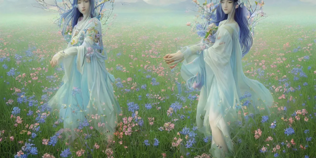 Prompt: breathtaking detailed concept art painting of walking in meadow goddess of light blue flowers, orthodox saint, with anxious, piercing eyes, ornate background, amalgamation of leaves and flowers, by Hsiao-Ron Cheng, James jean, Miho Hirano, Hayao Miyazaki, extremely moody lighting, 8K