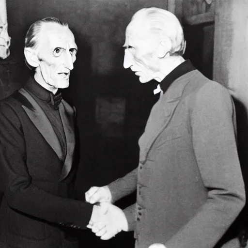 Image similar to peter cushing shakes hands with count orlok