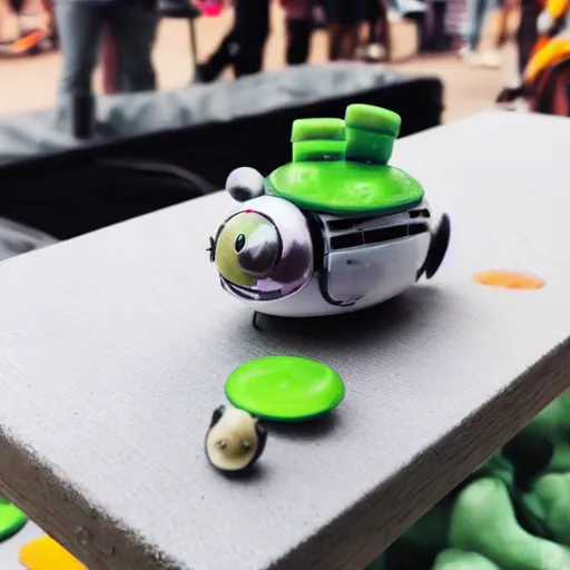 Image similar to photo of a tiny robot mecha snail on an apply at the farmers market