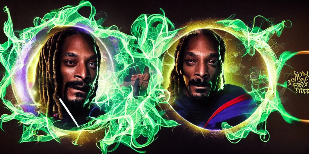 Image similar to snoop dogg doctor strange, smoke weed, marijuana, marijuana leaves, green light, highly detailed, environmental light, cinematic by francis tneh