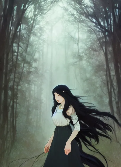 Prompt: pretty young woman with long black hair walking in the darkness, path traced, highly detailed, high quality, digital painting, by studio ghibli and alphonse mucha, leesha hannigan, makoto shinkai, disney