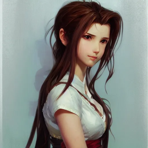 Prompt: A full portrait of an Aerith from Final Fantasy, wide shot, ultrawide, elegant, highly detailed, digital painting, artstation, concept art, smooth, sharp focus, illustration, art by Krenz Cushart and Artem Demura and alphonse mucha