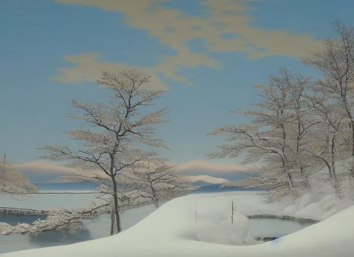 Image similar to hokkaido in winter, japan in the style of hudson river school of art, oil on canvas