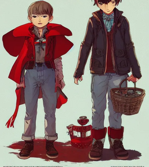 Image similar to attractive little boy character inspired in little red riding hood and batman, digital artwork made by akihiko yoshida and makoto shinkai, anatomically correct, symmetrical