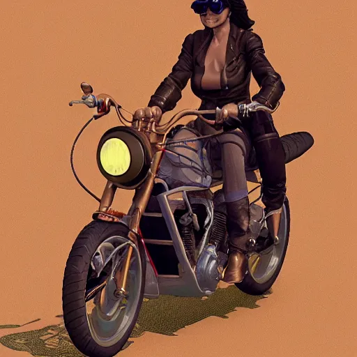 Image similar to a woman in the sky riding a motorcycle by jean giraud and milo manara, 3 d render, octane render