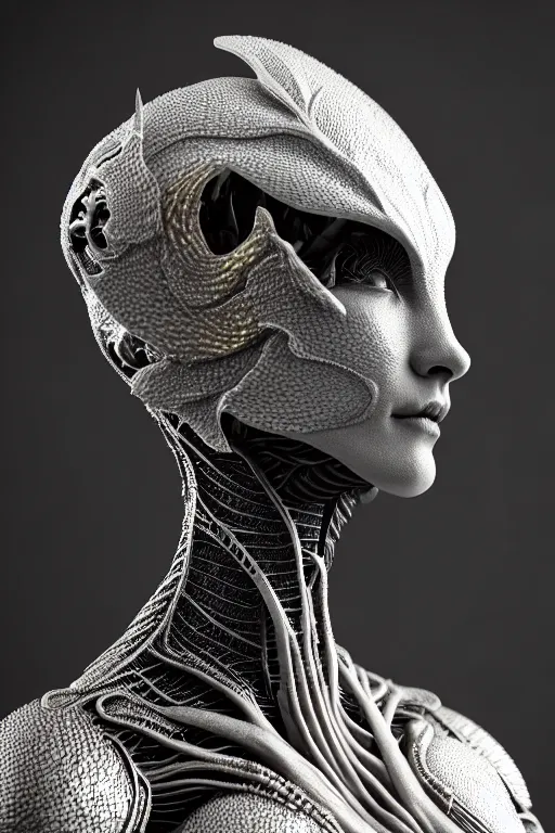 Image similar to bw close - up profile face, black background, beautiful young porcelain vegetal - dragon - cyborg - female, 1 5 0 mm, beautiful natural soft rim light, silver gold details, magnolia leaves and stems, roots, mandelbot fractal, elegant, ultra detailed, white metallic armour, octane render, h. r. giger style