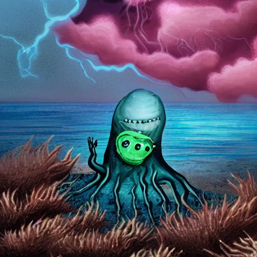 Image similar to nightmare monster emerging from sea surface, but monster is dendritic, thunderstorm in background, color