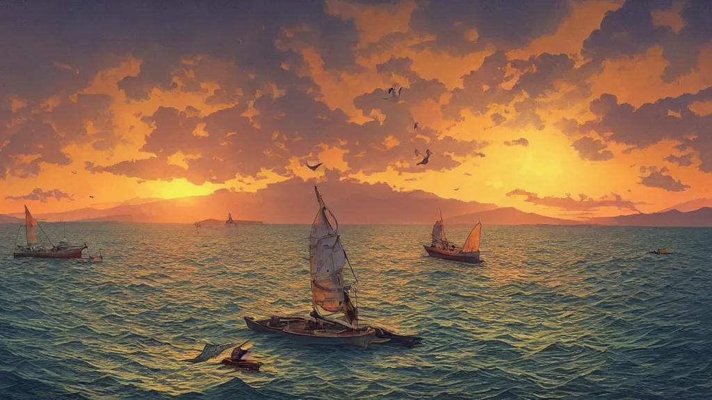 Prompt: sunset at Lahaina Maui, some boats, a few birds in the sky, sharp focus, illustration, paisible night lighting, incredible art by artgerm and greg rutkowski and alphonse mucha and simon stalenhag