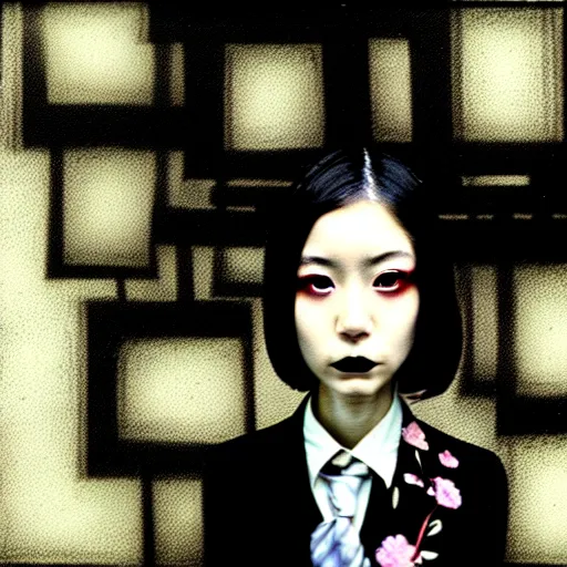 Image similar to yoshitaka amano blurred and dreamy realistic three quarter angle portrait of a young woman with black lipstick and black eyes wearing dress suit with tie, junji ito abstract patterns in the background, satoshi kon anime, noisy film grain effect, highly detailed, renaissance oil painting, weird portrait angle, blurred lost edges