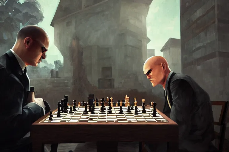 Prompt: Steve from Minecraft playing chess against Agent 47 from Hitman, oil painting, epic, video game, full res, full shot, featured on artstation, highly detailed