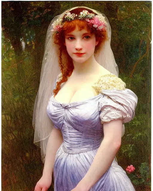 Prompt: young 1 8 - year old christina hendricks wearing an iridescent wedding dress covered in pearls, highly detailed, intricate, by bouguereau, alphonse mucha, and donato giancola