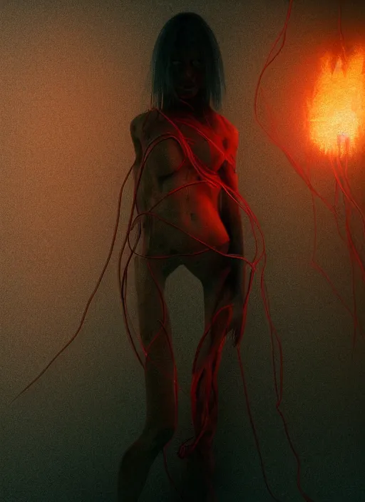 Image similar to rgb wires, portrait, woman, fire, rage, cinematic, movie scene, inspired by zdzislaw beksinski, clothes made out of veins,, cables everywhere, bedroom, ultra realistic, concept art, intricate details, highly detailed, photorealistic, octane render, 8 k