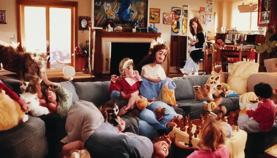 Prompt: 1990s candid 35mm photo of a beautiful day in the living room, cinematic lighting, cinematic look, golden hour, large costumed mascot people interacting with families, Enormous personified mascot people with outstandingly happy faces coming out of a portal and showing families how to teleport, cats playing chess in the background, UHD