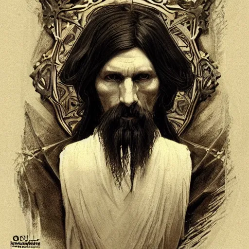 Image similar to amazing lifelike award winning pencil illustration of Rasputin trending on art station artgerm Greg rutkowski alphonse mucha intense dark eyes cinematic