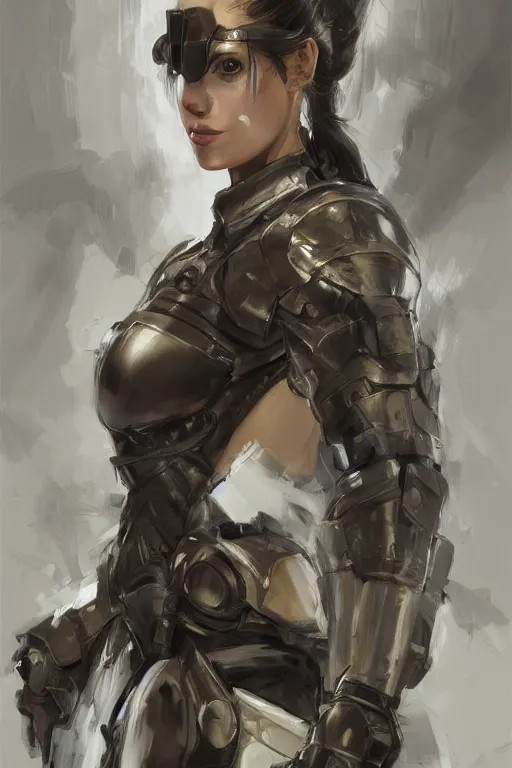 Image similar to a professionally painted portrait of an attractive young woman, clothed in military armor, olive skin, long dark hair, beautiful bone structure, symmetrical facial features, intricate, elegant, digital painting, trending on Artstation, concept art, smooth, sharp focus, illustration, from Metal Gear by Ruan Jia and Mandy Jurgens and Artgerm and William-Adolphe Bouguerea, award winning