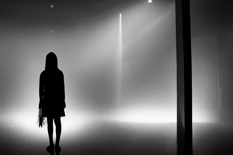 Prompt: dim lights shining through dark fog, emptiness, silhouette of a girl standing small, dress, spooky found footage, dramatic contrast, vast empty hall, trending on artstation