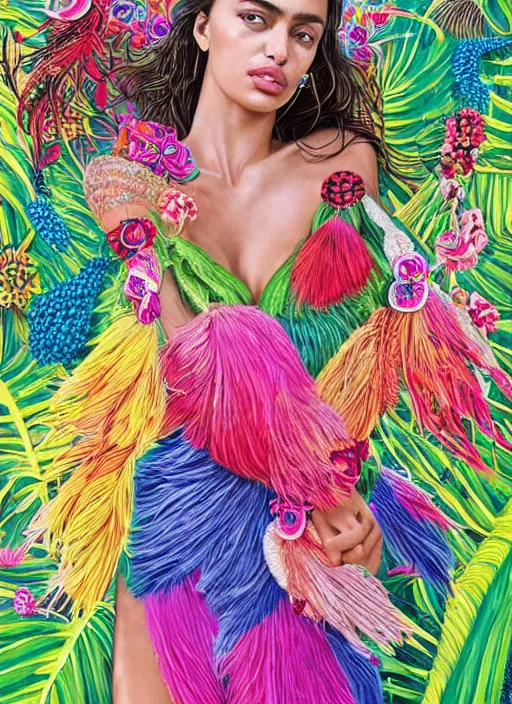 Image similar to beautiful portrait of Irina Shayk wearing fantastic Hand-dyed cotton dress,embellished beaded feather decorative fringe knots ,colorful pigtail,subtropical flowers and plants,symmetrical face,summer,intricate,elegant,highly detailed,8k,post-processing,digital painting,trending on pinterest, GUCCI,vogue,concept art, sharp focus, illustration, by artgerm,Tom Bagshaw,Lawrence Alma-Tadema,greg rutkowski,alphonse Mucha