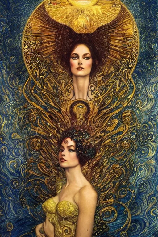 Prompt: Visions of Paradise by Karol Bak, Jean Deville, Gustav Klimt, and Vincent Van Gogh, visionary, otherworldly, celestial, radiant halo, fractal structures, infinite angelic wings, ornate gilded medieval icon, third eye, spirals, heavenly spiraling clouds with godrays, airy colors