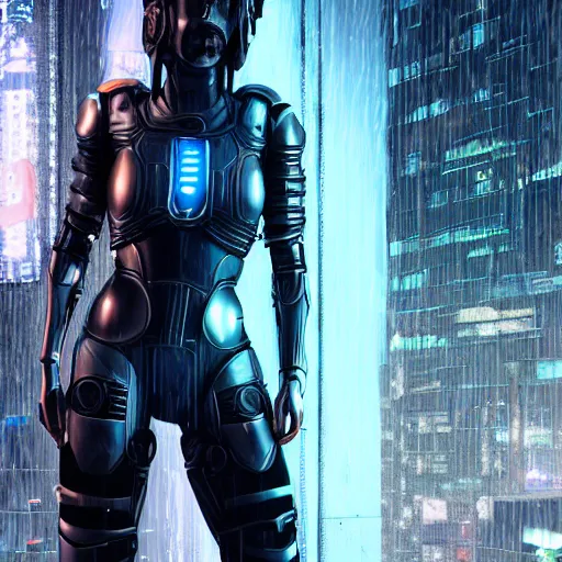 Prompt: An epic fantastic ultrarealism comic book style portrait painting of a female cyberpunk armor fighter, black and blue silver color armor, cyberpunk feel raining at tokyo rooftop, Concept world Art, unreal 5, DAZ, 8k, hyperrealistic, octane render, cosplay, RPG portrait, dramatic lighting, rim lights