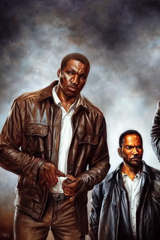 Image similar to a man in a brown leather jacket and a black man in a white shirt. in the style of of true detective fanfare. art by tomasz alen kopera and glenn fabry.