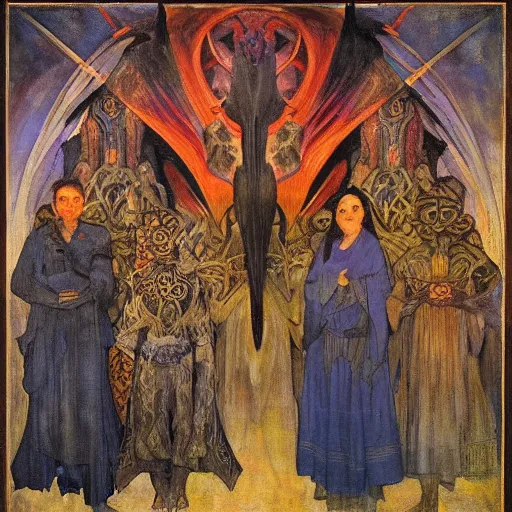 Image similar to war between the house of crows and the house of moths, by Annie Swynnerton and and Nicholas Roerich and Diego Rivera, symbolist, dramatic lighting, embroidered brocade robes, god rays, rich colors,smooth, sharp focus, extremely detailed