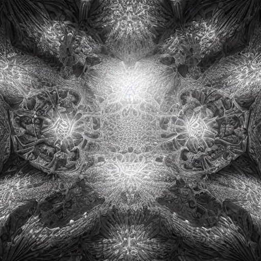 Prompt: a hyperrealistic 3 d render of a huge sprawling fractal cathedral interior populated by mandelbrot fractals by android jones, unreal engine, carved stone, carved soap, white color scheme, volumetric lighting, octane render, dramatic lighting, glowing, carved marble, opalescent, sacred geometry, religious, angelic, catholicpunk, stark, 8 k, ultra detailed
