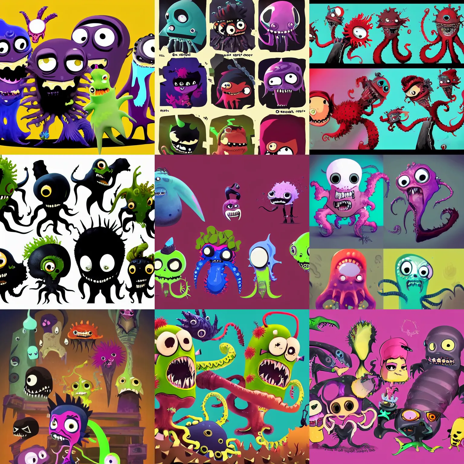 Prompt: punk rock vampiric electrifying rockstar bipedal vampire octopus, angler fish, gulper eel, and sea urchins conceptual character designs of various shapes and sizes by genndy tartakovsky and splatoon by nintendo and the psychonauts franchise by doublefine tim shafer artists for the new hotel transylvania film