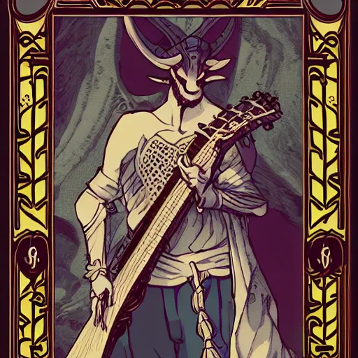 Image similar to 2. 0 tarot card : : ornate, intricate and detailed, rule of thirds, bard, male, face, guitar, music, demon, tiefling, black beard, goat horns, handsome, red skin, medieval fantasy, bow, 8 k render : : style of studio ghibli