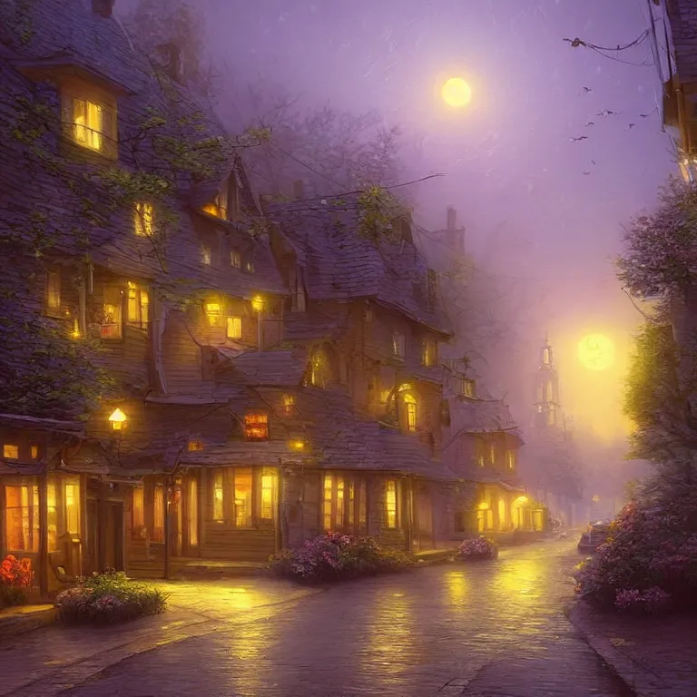 Prompt: town inspired by Evgeny Lushpin stores, cottages, streets, spring, midnight, full moon, cinematic,