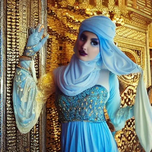 Prompt: aesthetic!!! Female genie in Arabic clothing, ethereal, blue tint, cinematic lighting