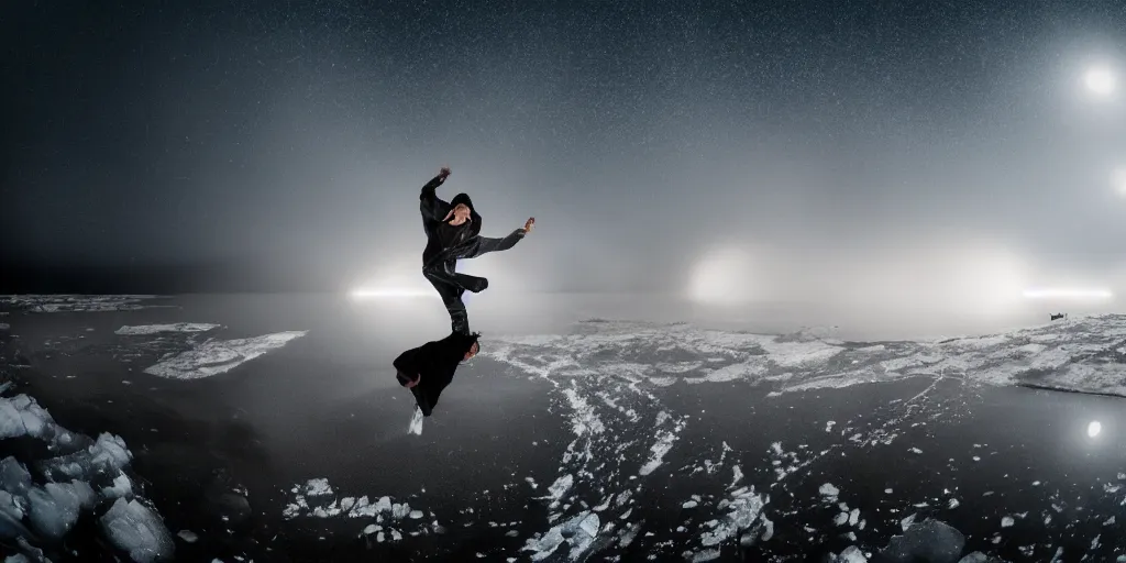 Image similar to fisheye slow motion with trail effect of futuristic break dancer wearing long dark cloak, long exposure shot , enigmatic, at night in the middle of the arctic, paddle of water, steam, fog, water splashes, rim lights, glossy reflections, water droplets on lens, octane render, Volumetric dynamic lighting, stunning cover magazine, high details,