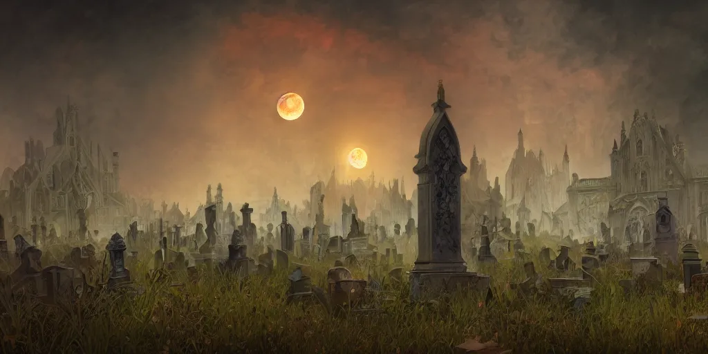 Image similar to an ultra detailed animation of a graveyard at midnight, digital art, dark fantasy, concept art, soulslike, by alphonse mucha, blood moon eclipse, ruined building in the background, artstation, 8 k, unreal engine render