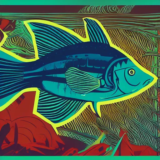 Image similar to profile of one stylized fish in center of view, dark ocean, complex patterns, artstation, intricate, realistic, highly detailed, digital painting, concept art, sharp focus, illustration by tom whalen and charles williams and kilian eng and james jean